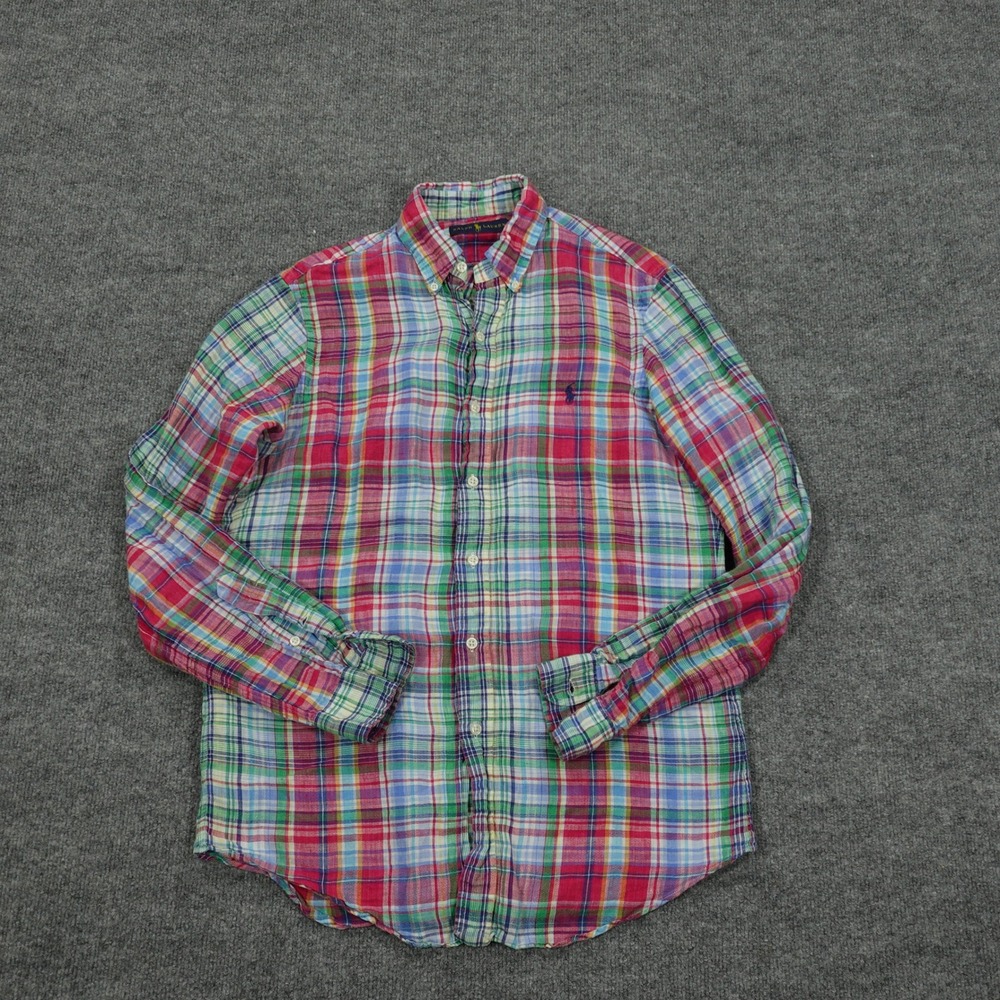 Ralph Lauren Shirt Mens Small Red Multi Plaid 100% Linen Button Down Long Sleeve